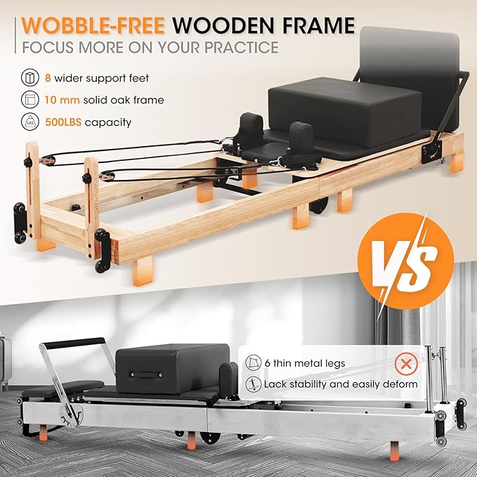 Pilates Reformer, PAETA Wooden Foldable Pilates Reformer Machine with Springs, Pilates Machines for Home Use and Studio, Pilates Equipment with Sitting Box, Jump Board and Accessories