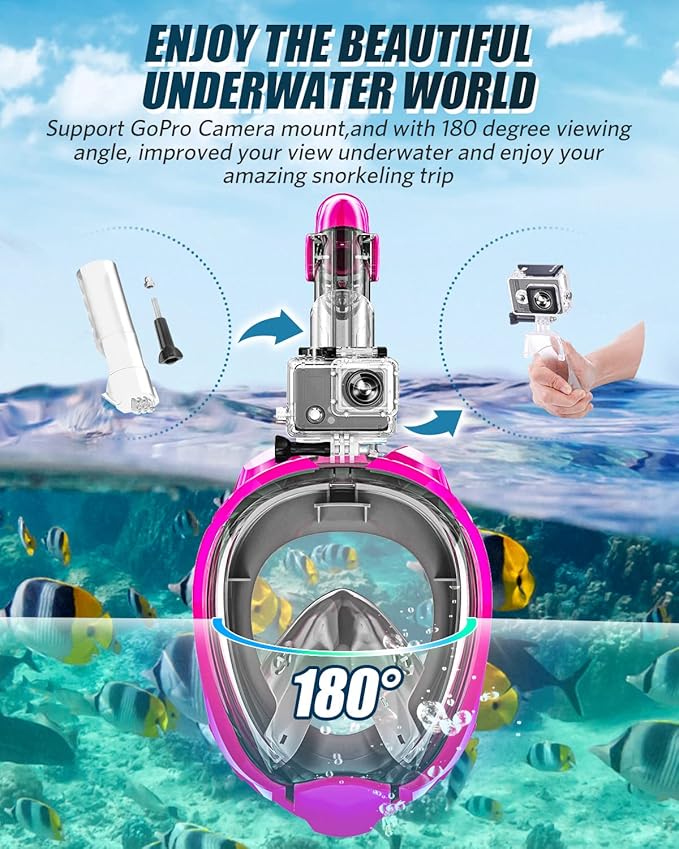 QingSong Full Face Snorkel Mask for Adults, Snorkeling Gear with Camera Mount, 180 Degree Panoramic View Snorkel Set Anti-Fog Anti-Leak