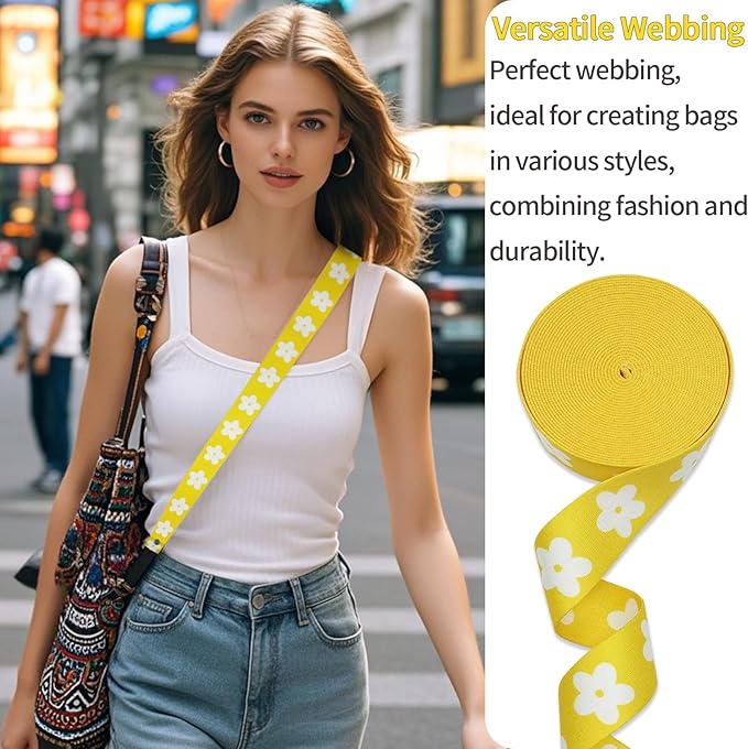 Printed Flower Nylon Webbing with Buckle 1 1/2 inch 6 Yards Yellow Heavy Duty Patterned Fabric Webbing Luggage Handle Jacquard Ribbon for Backpack Bags-Decorative Supplies-Clothing-Sewing-DIY Crafts