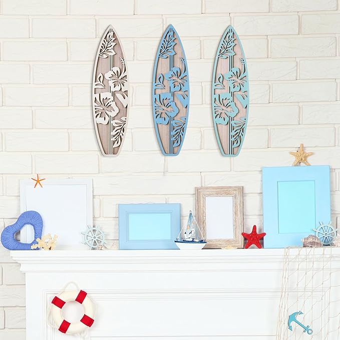 RattanView 3 Pieces Hibiscus Surfboard Decor for Bedroom Wooden Beach Wall Decor Summer Wood Surfboard Wall Hanging Sign for Tropical Living Room Decoration (Blue)