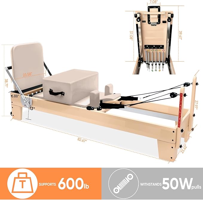 Professional Pilates Reformer Machine with Jumpboard, Reformer Box & Foot Straps – Studio-Grade Wood Frame Equipment for Home Workouts, Adjustable Resistance & Smooth Glide System