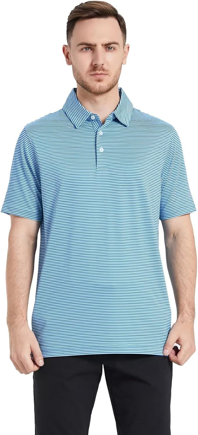Mens Golf Shirt Moisture Wicking Dry Fit Performance Sport Short Sleeve Striped Golf Polo Shirts for Men