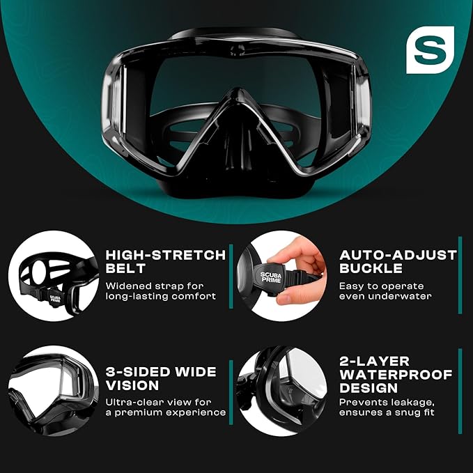 Pano 3 Scuba Diving Mask, Tempered Glass Snorkel Mask Three-Window Scuba Mask No-Leak Dive Mask Silicone Skirt Diving Mask for Snorkeling and Scuba Use