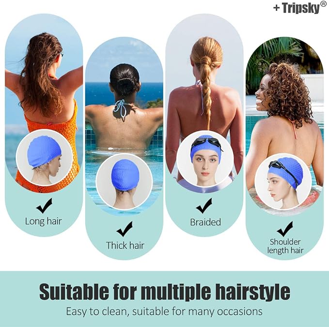 Tripsky Silicone Swim Cap,Comfortable Bathing Cap Ideal for Curly Short Medium Long Hair, Swimming Cap for Women and Men, Shower Caps Keep Hairstyle Unchanged…