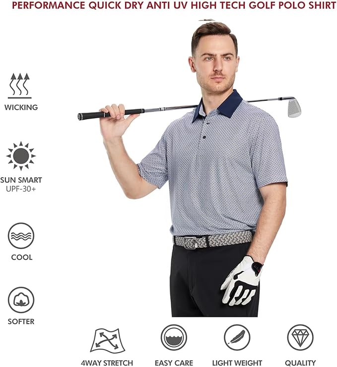 Men's Golf Polo Shirts Short Sleeve Striped Performance Moisture Wicking Dry Fit Golf Shirts for Men