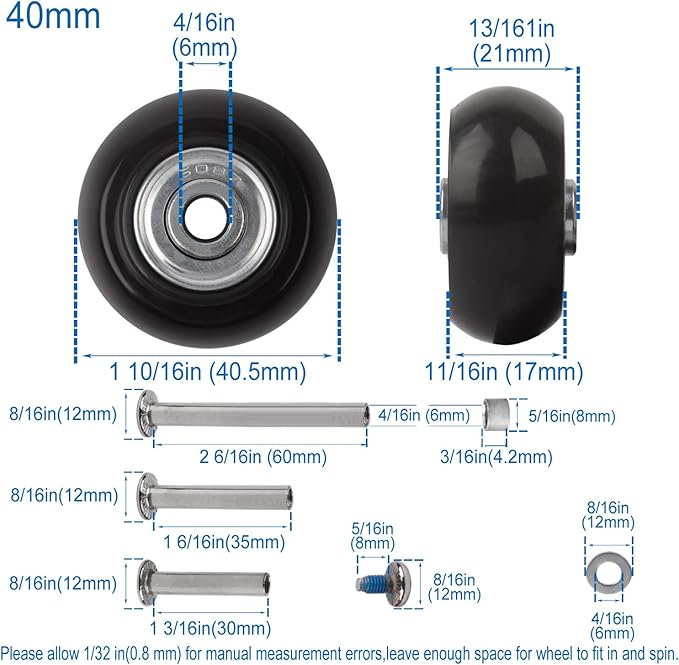 Luggage Suitcase Replacement Wheels Set of 4 PU Bearing Wheels-Install Width 0.8in/21mm with 3 Size Axles and Hacksaw for Trolley Bag Drawbar Box Smooth Rolling Repair(40mm x 18mm)