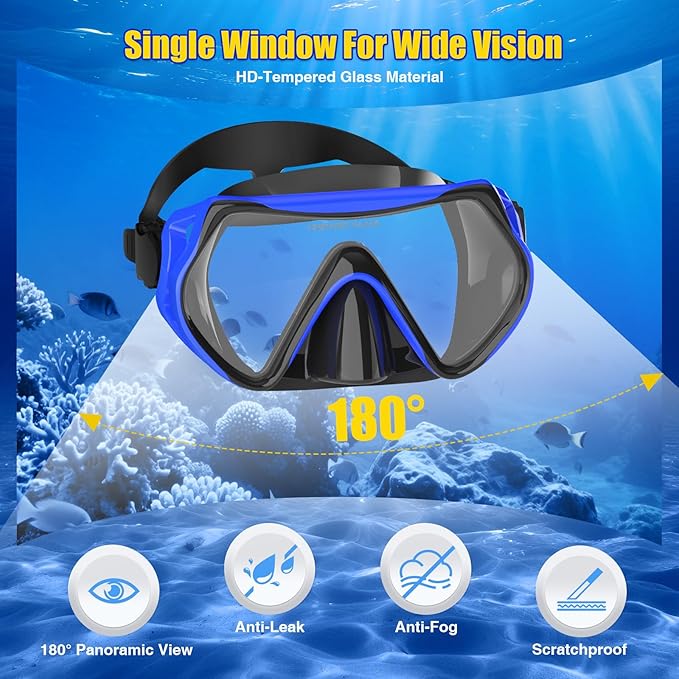 Snorkeling Gear, Dry Snorkel Set180° Panoramic Wide View,Anti-Fog Scuba Diving Mask, Professional Snorkeling Gear for Free Breathing, Swimming, Diving