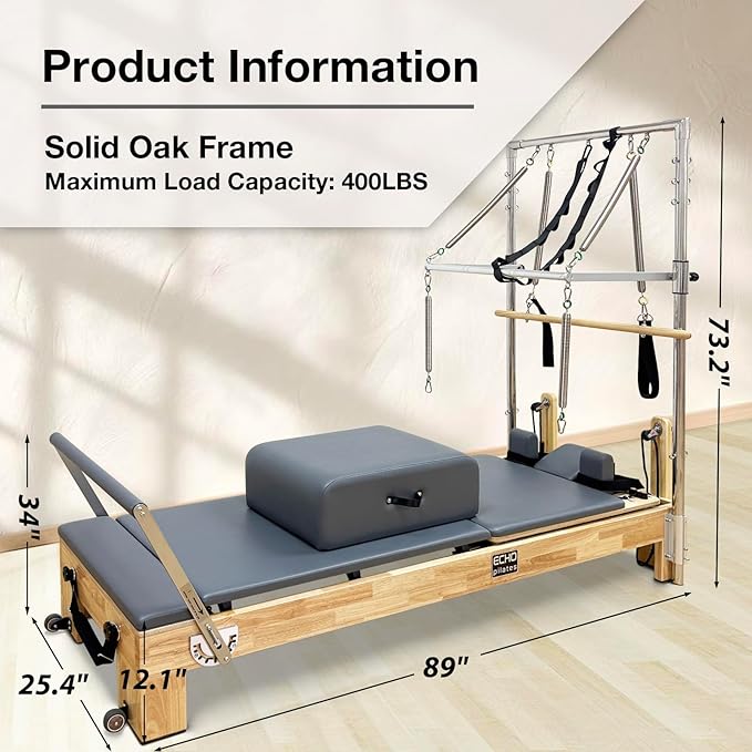 Pilates Reformer, Wooden Pilates Reformer Machine with Springs, Pilates Bed Strength Training Equipment for Home Use and Studio, Pilates Equipment with Reformer Box, Oak