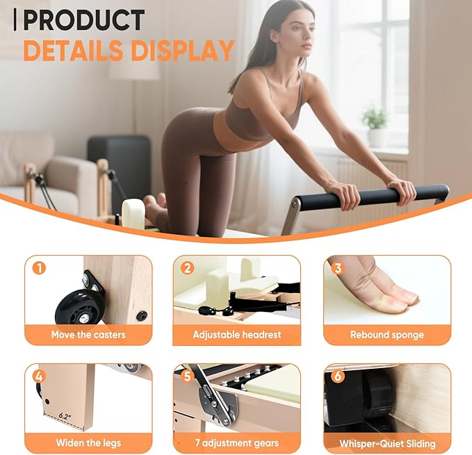 Professional Pilates Reformer Machine with Jumpboard, Reformer Box & Foot Straps – Studio-Grade Wood Frame Equipment for Home Workouts, Adjustable Resistance & Smooth Glide System
