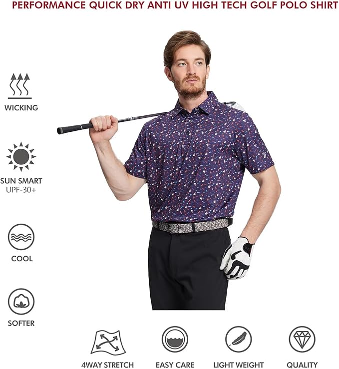Men's Golf Polo Shirts Short Sleeve Striped Performance Moisture Wicking Dry Fit Golf Shirts for Men