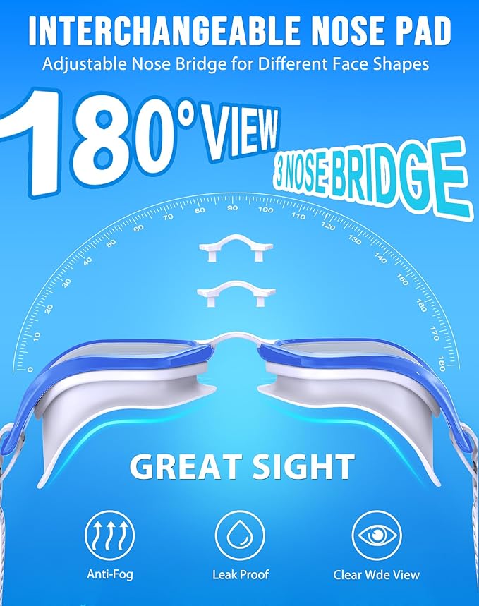 Swim Goggles, Unisex Adult Swimming Goggles Anti Fog Anti UV No Leakage Wide View for Men Women Youth