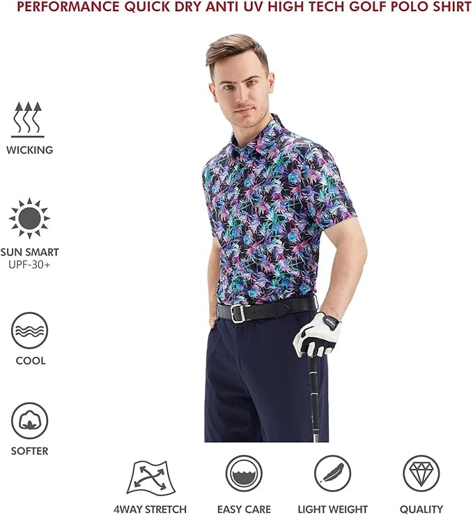 Men's Golf Polo Shirts Short Sleeve Striped Performance Moisture Wicking Dry Fit Golf Shirts for Men