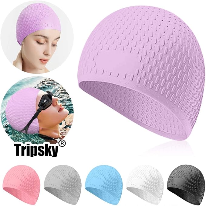Tripsky Silicone Swim Cap,Comfortable Bathing Cap Ideal for Curly Short Medium Long Hair, Swimming Cap for Women and Men, Shower Caps Keep Hairstyle Unchanged…