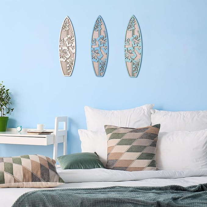 RattanView 3 Pieces Hibiscus Surfboard Decor for Bedroom Wooden Beach Wall Decor Summer Wood Surfboard Wall Hanging Sign for Tropical Living Room Decoration (Blue)
