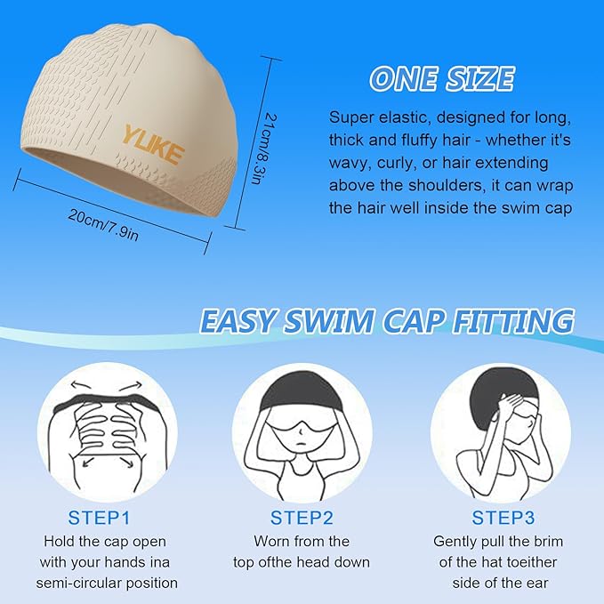 Silicone Swim Cap for Long Hair Adults Women Men, Waterproof Stretchy Swimming Caps, Durable Tear Resistant Bathing Cap