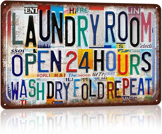 Vintage Laundry Room Wall Decor Metal Sign Tin Signs Poster - Open 24 Hours Wash Dry Fold Repeat