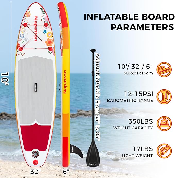 Napatron Family Inflatable Stand Up Paddle Board, Sup,Stable Wide Design,350LBS Capacity,Complete Paddle Board Package with Fast Action Pump,Leash,Ideal for Beginners/Youth & AllSkill Levels