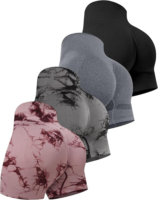 CHRLEISURE Women's 4 Packs Workout Gym Shorts, High Waisted Butt Lifting Scrunch Butt Seamless Booty Shorts