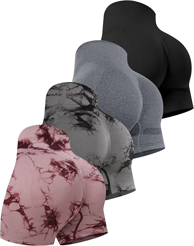 CHRLEISURE Women's 4 Packs Workout Gym Shorts, High Waisted Butt Lifting Scrunch Butt Seamless Booty Shorts