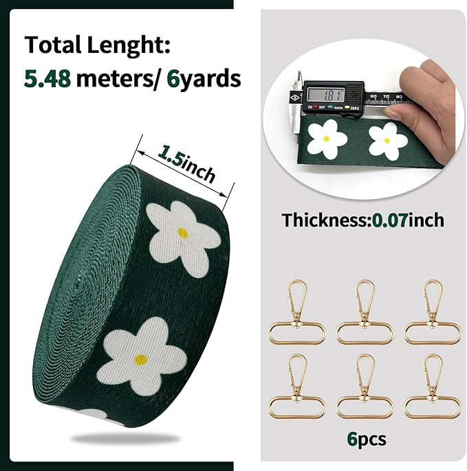 Printed Flower Nylon Webbing with Buckle 1 1/2 inch 6 Yards Deep Green Thick Patterned Fabric Webbing Luggage Handle Jacquard Ribbon for Backpack Bags-Seatbelt-Clothing-Sewing-DIY Crafts & Projects