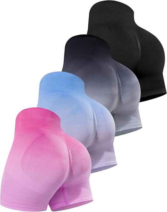 CHRLEISURE Women's 4 Packs Workout Gym Shorts, High Waisted Butt Lifting Scrunch Butt Seamless Booty Shorts