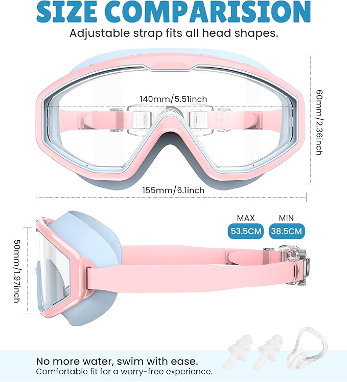NSSIW Swim Goggles Swimming Kids-Goggles: Anti Fog No Leak with Nose Clip Earplugs for Girls Boys Youth 6-14 3 Pack