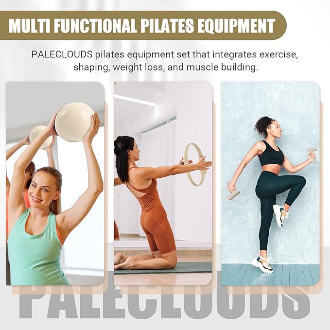 Pilates Ring Set, Pilates Essential Kit with Pilates Ring and Ball, 2.2lb *2 Ergonomic 7-Shaped Dumbbells, Portable Bag & Training Poster, at Home Workouts Pilates Sets for Women