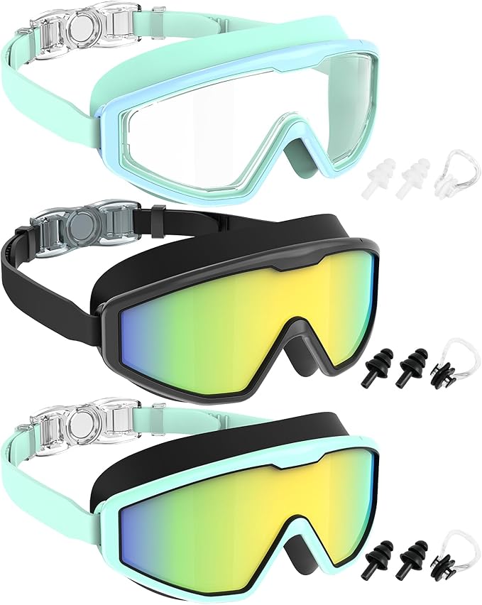 NSSIW Swim Goggles Swimming Kids-Goggles: Anti Fog No Leak with Nose Clip Earplugs for Girls Boys Youth 6-14 3 Pack