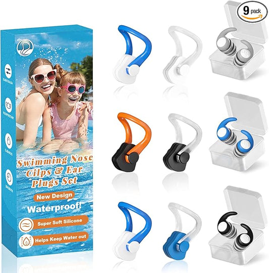 Swimming Nose Clip Ear Plugs - 9 Packs Silicone Swim Nose Plugs with Earplugs for Adult,Waterproof Pool Nose Plug for Diving Surfing and Other Water Sports with Storage Box,Multi-Color