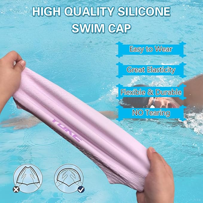 Silicone Swim Cap for Long Hair Adults Women Men, Waterproof Stretchy Swimming Caps, Durable Tear Resistant Bathing Cap