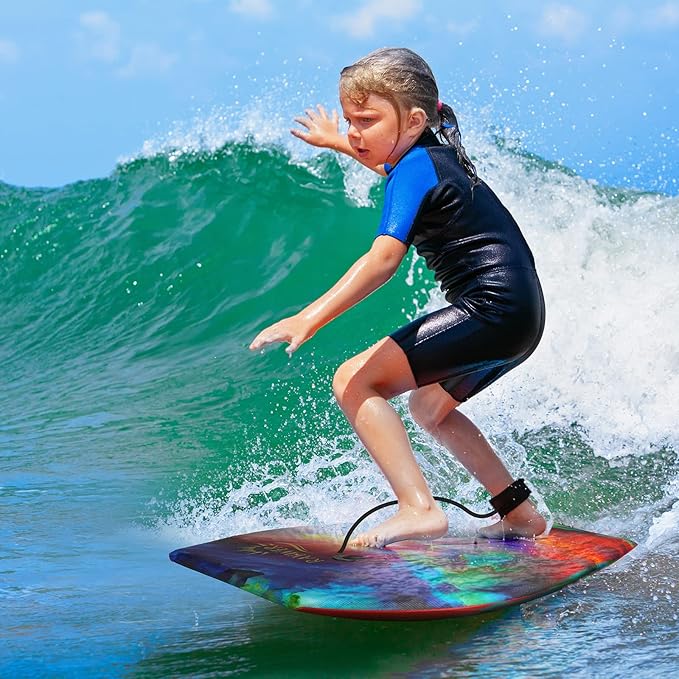 Body Board Lightweight with EPS Core, HDPE Slick Bottom, Leash & Adjustable Wrist Rope, Great Surfing for Kids and Adults