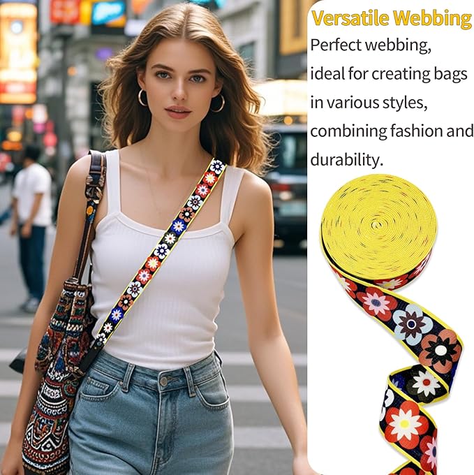 Printed Flower Nylon Webbing with Buckle 1 1/2 inch 6 Yards Black & Yellow Patterned Fabric Webbing Luggage Handle Jacquard Ribbon for Backpack Bags-Seatbelt-Clothing-Sewing-DIY Crafts & Projects