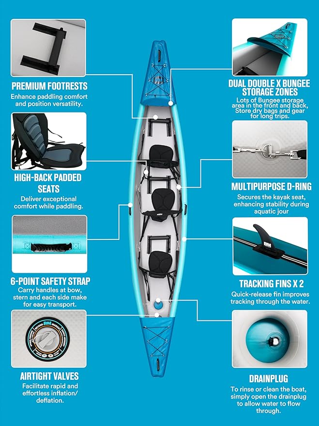 BEYOND MARINA Inflatable Kayak 1 & 2 & 3 Person Adult- Full Drop Stitch Kayak with Aluminum Paddles, Seats, Footrests, Pump, Fins