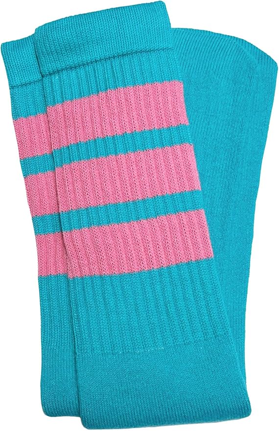 Mid Calf Aqua Tube Socks with BubbleGum Pink Stripes.