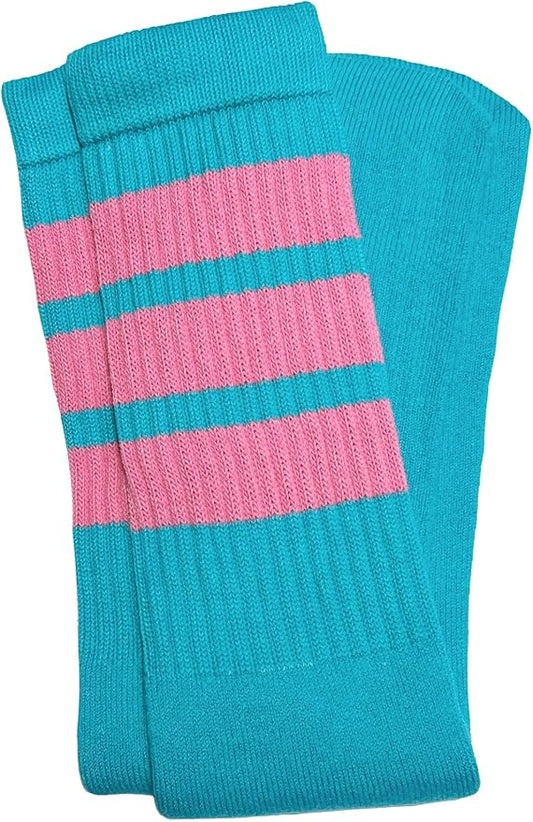 Mid Calf Aqua Tube Socks with BubbleGum Pink Stripes.