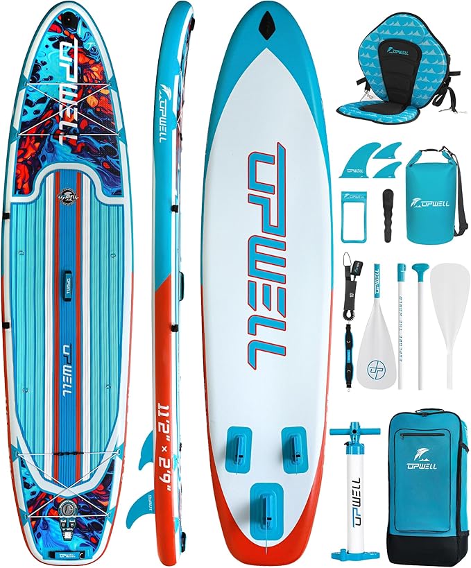 UPWELL 11’6”/11'2”/11'/10'8”/10'6”/10'2” Inflatable Stand Up Paddle Board with sup Accessories Including Backpack, Repairing Kits, Non-Slip Deck, Leash, 3 Fins, Paddle and Hand Pump