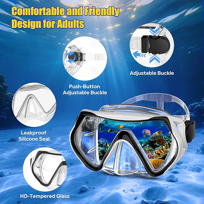 Snorkeling Gear, Dry Snorkel Set180° Panoramic Wide View,Anti-Fog Scuba Diving Mask, Professional Snorkeling Gear for Free Breathing, Swimming, Diving