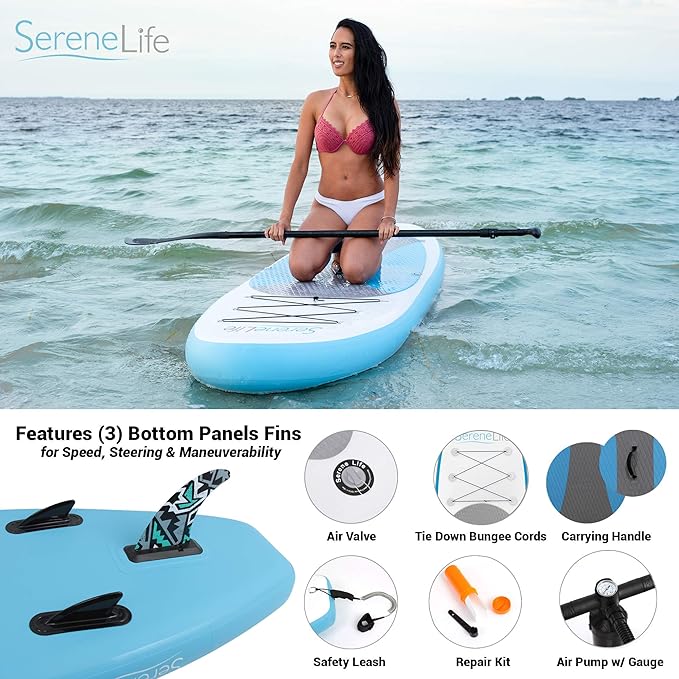 SereneLife Inflatable Stand Up Paddle Board with Premium SUP Accessories – Wide Stable Design with Non-Slip EVA Deck Pad for Adults and Youth of All Skill Levels