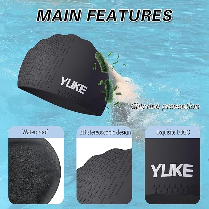 Silicone Swim Cap for Long Hair Adults Women Men, Waterproof Stretchy Swimming Caps, Durable Tear Resistant Bathing Cap