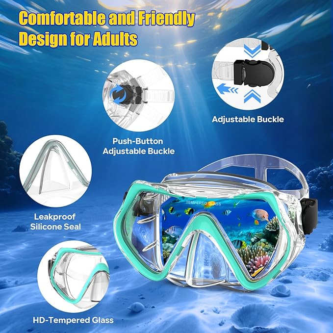 Snorkeling Gear, Dry Snorkel Set180° Panoramic Wide View,Anti-Fog Scuba Diving Mask, Professional Snorkeling Gear for Free Breathing, Swimming, Diving