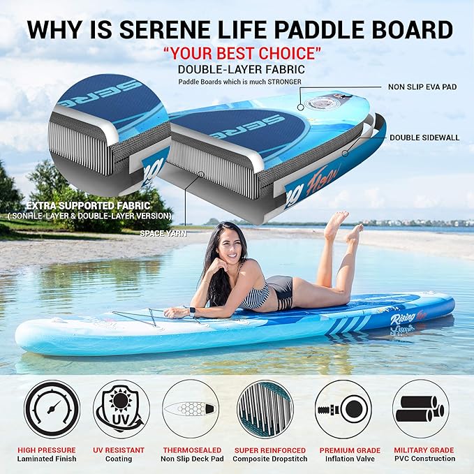 SereneLife Inflatable Stand Up Paddle Board with Premium SUP Accessories – Wide Stable Design with Non-Slip EVA Deck Pad for Adults and Youth of All Skill Levels
