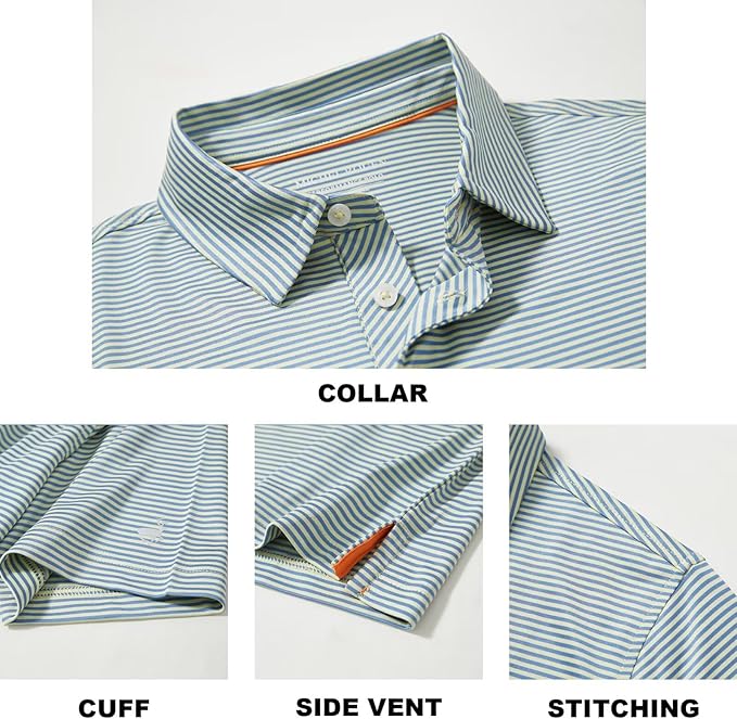 Mens Golf Shirt Moisture Wicking Dry Fit Performance Sport Short Sleeve Striped Golf Polo Shirts for Men