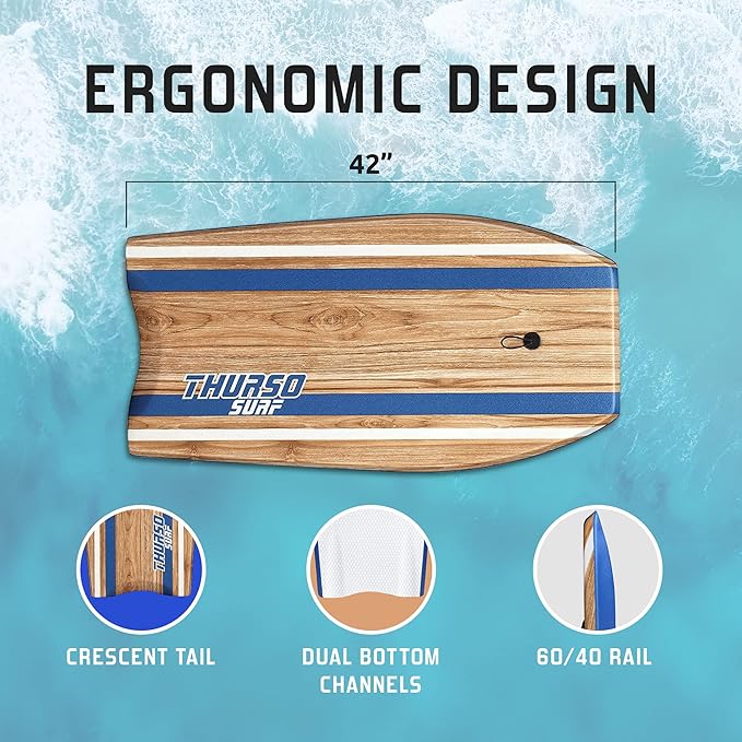 THURSO SURF Quill 42'' Bodyboard Lightweight Durable EPS Core IXPE Deck HDPE Slick Bottom FRP Stringer Crescent Tail Dual Channel Plastic Mesh with Double Stainless Steel Swivel Coiled Wrist Leash