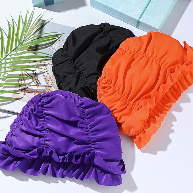 Soulchen 3 Pcs Swim Cap Women Adult with Ruffled Edges Nylon Cloth Swimming Cap for Women Bathing Hats Swim Turban Waterproof Swimming Hat