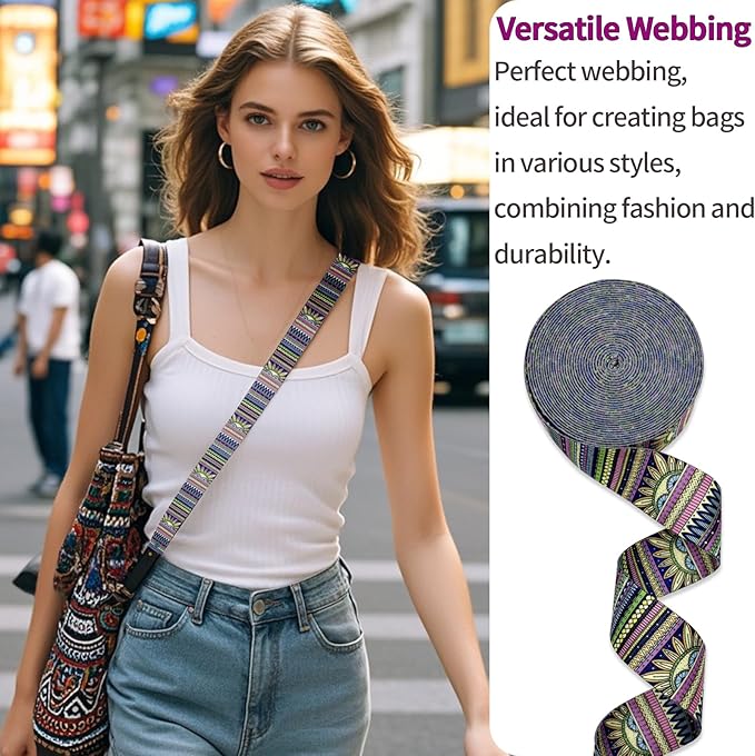 Printed Nylon Webbing Straps 1 1/2 inch 6 Yards Heavy Duty Patterned Fabric Luggage Handle Jacquard Ribbon with Buckle for Backpack Bags-Decorative Supplies-Clothing-Sewing (Bohemian Style)