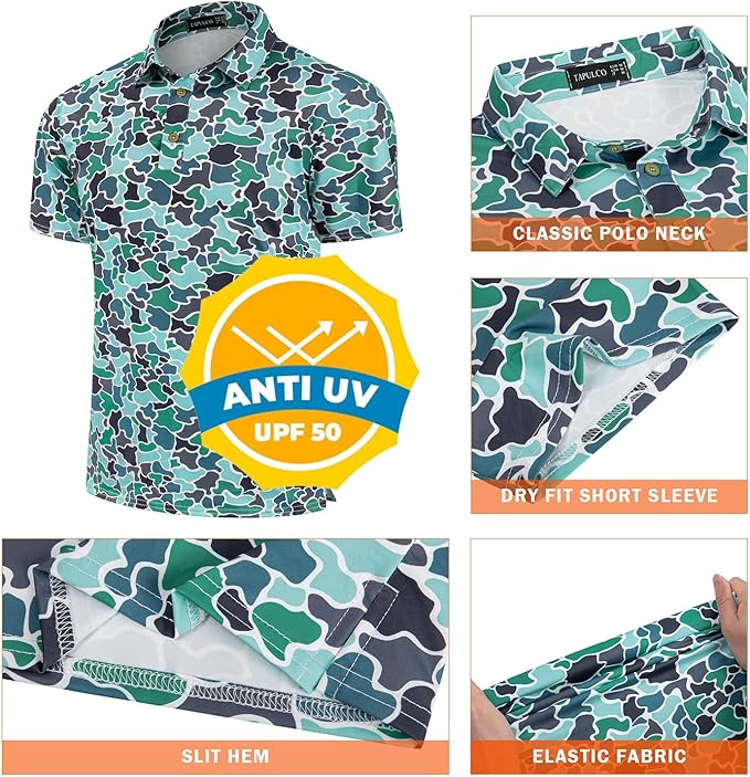 TAPULCO Mens Quick Dry Polo Shirts Camouflage Pattern Performance Athletic Lightweight Breathable Casual Golf Tshirts