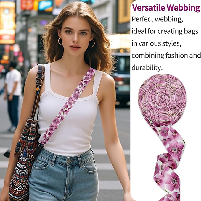 Printed Flower Nylon Webbing with Buckle 1 1/2 inch 6 Yards Pink Thick Patterned Fabric Webbing Luggage Handle Jacquard Ribbon for Backpack Bags-Seatbelt-Clothing-Sewing-DIY Crafts & Projects