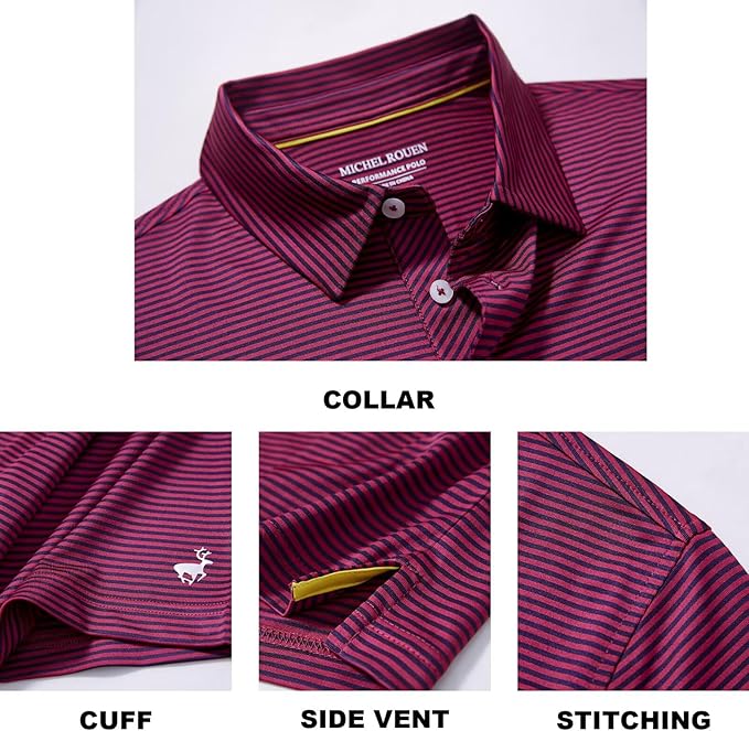 Mens Golf Shirt Moisture Wicking Dry Fit Performance Sport Short Sleeve Striped Golf Polo Shirts for Men