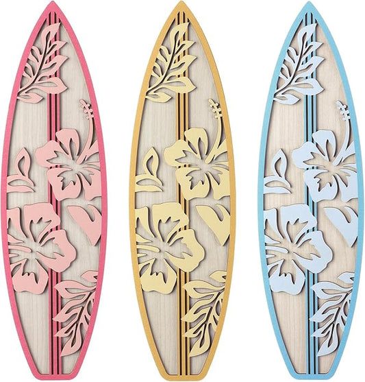 RattanView 3 Pieces Hibiscus Surfboard Decor for Bedroom Wooden Beach Wall Decor Summer Wood Surfboard Wall Hanging Sign for Tropical Living Room Decoration(Yellow, Blue, Pink)
