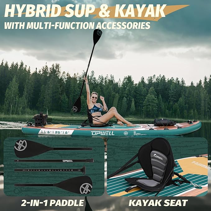 UPWELL 10'6"/11'/11'6" Inflatable Paddle Board, Stand Up Paddlboard for Youth & Adults, Stable Design, Premium SUP Accessories, Backpack, Leash, Hand Pump, Fins